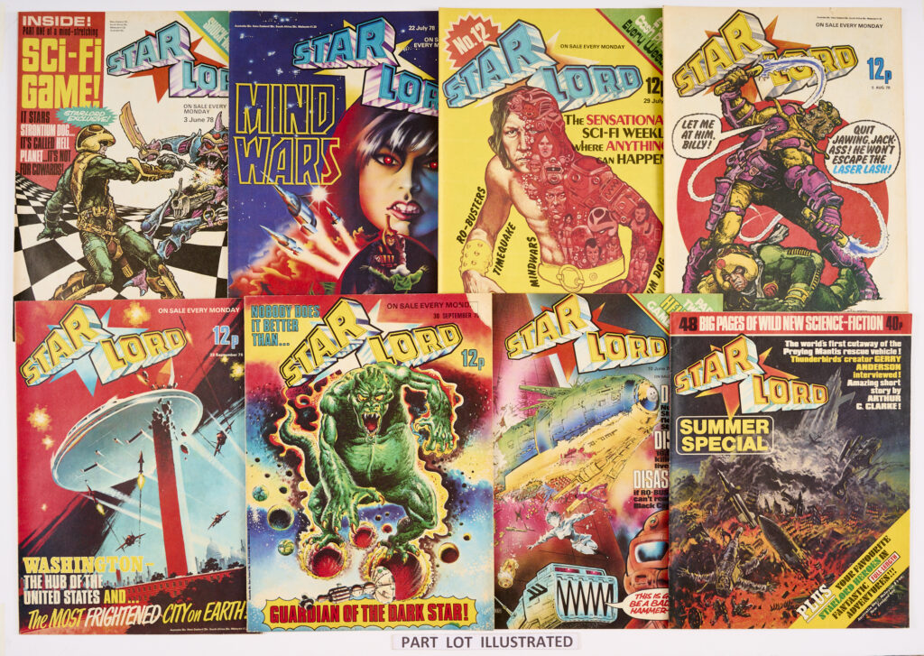 Star Lord (1978) 1-22 Complete run with Star Lord Summer Special. Art by Carlos Esquerra (Strontium Dog), Kevin O'Neill and Dave Gibbons (Ro-Busters) and Ian Kennedy (Planet of the Damned and Timequake). The Hell Planet Game in four issues is intact and uncut. Issues 1-3 with all free gifts. 30th Sept (No 21) 1" of top corner cover torn away [vg+], balance issues [vfn/nm] (23)