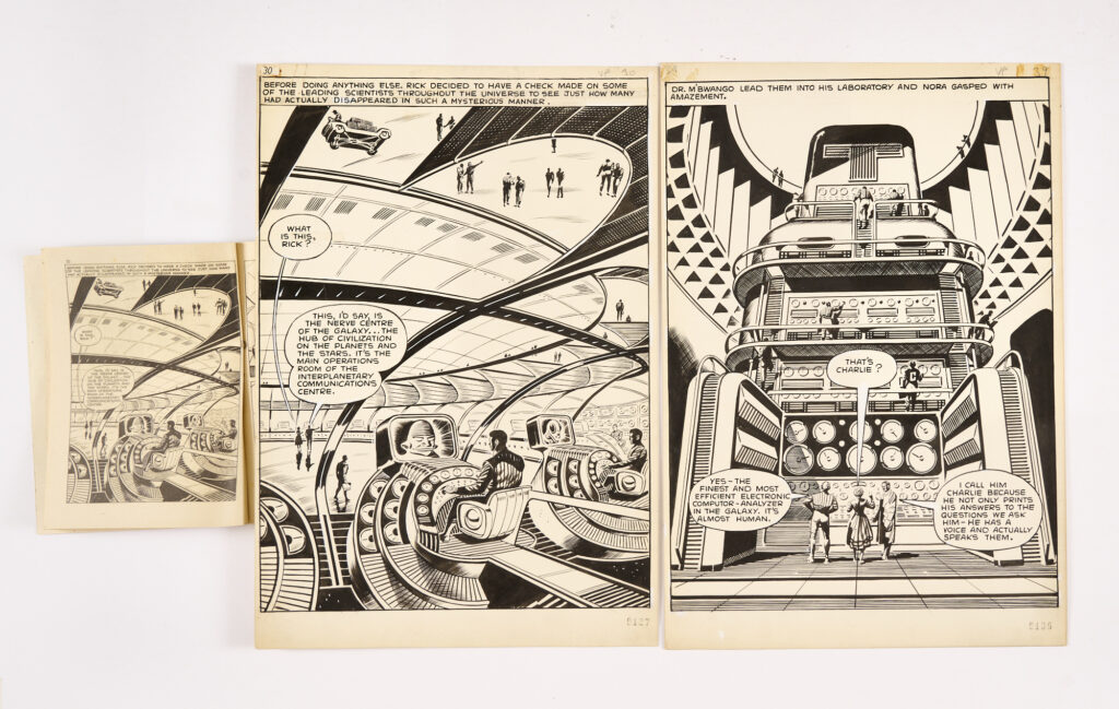 Rick Random: 2 original artworks (1957) by Ron Turner for Super-Detective Library No 111 (included in the lot) pages 30 & 39. 'Some of the leading scientists of the Universe have disappeared and Rick needs super computer Charlie to find out why….' Pen and ink on card 14 x 10" (2 artworks)