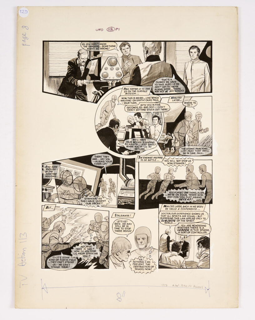 UFO original artwork by John M Burns for TV Action No 113 (1973) pg 8. 'Ed Straker and Paul Foster do battle with the Aliens to stop the destruction of SHADO'. Black ink and wash on board. 21 x 16 ins