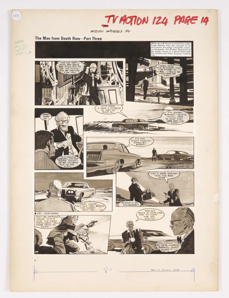 Mission: Impossible original artwork by John M Burns for TV Action No 124 pg 14 (1973) The Man from Death Row. 'Judge Leigh Oakley's daughter Laura has been kidnapped and Jim Phelps, disguised as the Judge, takes the ransom money to a ghost town…'. Black ink and wash on board. 21 x 16 ins