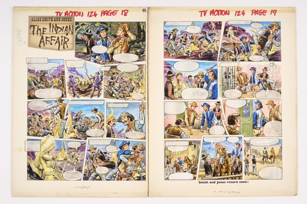 Alias Smith and Jones/The Indian Affair, two original artworks by Charles Morgan (1973) for TV Action No 129 pgs 18 & 19. 'Smith and Jones stumble on gold, hidden in a mountain and protected by an Indian 'ghost'…' Poster colour on board with speech balloon overlay (2 speech balloons missing) 19 x 14 ins (2 artworks)