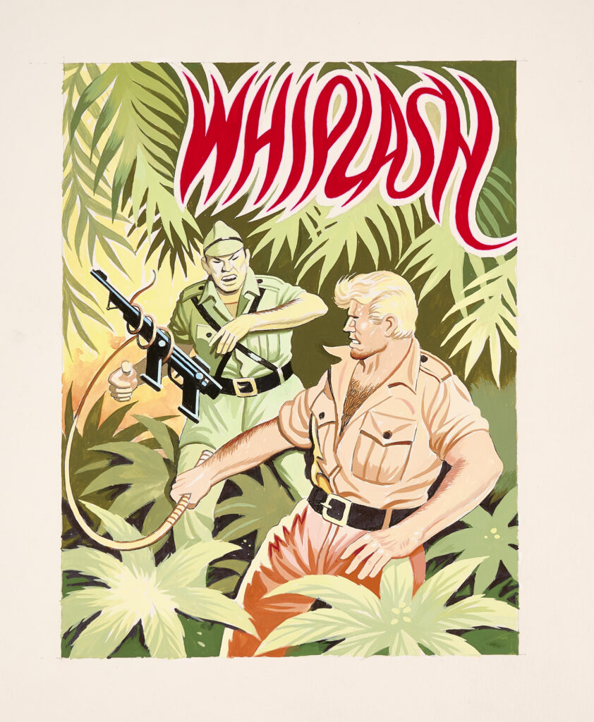 Whiplash original artwork (1984) by Ron Turner. This artwork was the forerunner of Turner's 64 page WWII illustrated story about a renegade Aussie patrol on Australia's Northern Territory sabotaging the insurgent Japanese army patrols from occupied New Guinea. Poster colour on board, 18 x 14 ins