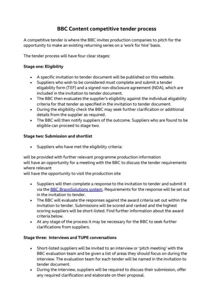 BBC tendering process, 2026, Page One