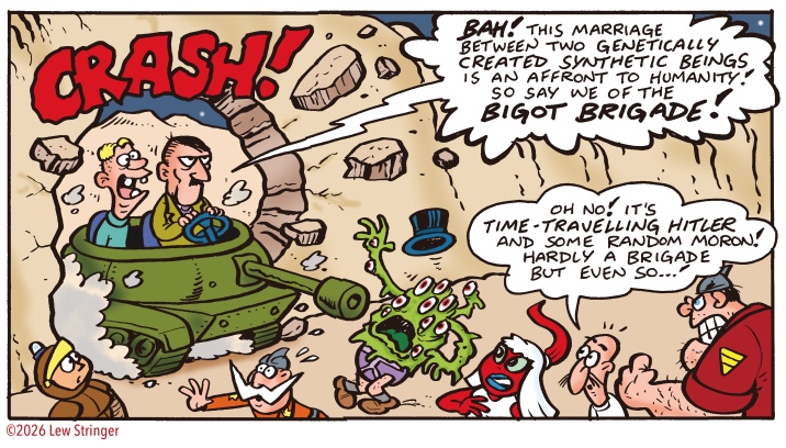 Oh no! It's that bloomin' Hitler! On the Moon in the year 2627 and disrupting the wedding of Copper Scarlet and The Error! It's all happening in the latest episode of Sgt. Shouty of the Moon Force by and ©️ Lew Stringer, in The77 No.12, available to order now