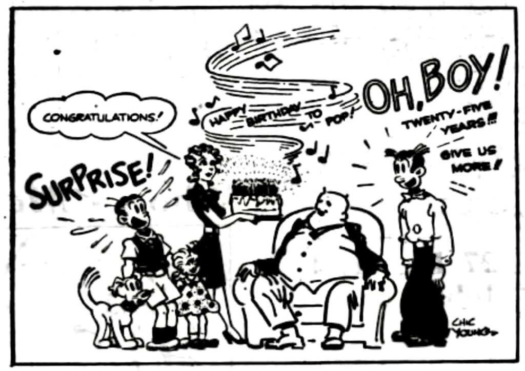 Chic Young, creator of “Blondie”, pays tribute to “Pop” in a special 25th anniversary tribute, published in the Daily Sketch on 21st May 1946
