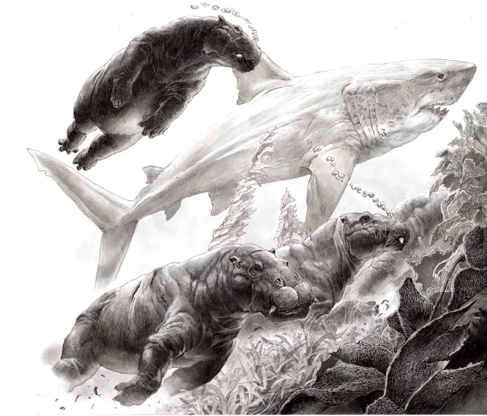 A pod of Paleoparadoxia, a member of the Desmostylia, art by Steve White. A weird mix of hippo and walrus, although closely related to neither, are startled by a tweenage megalodon and split for cover in a kelp forest