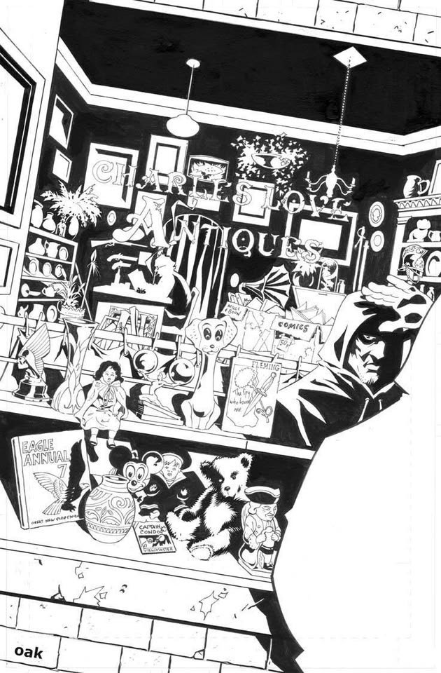 Inks of the unedited/uncensored splash page from Albion #1. Eagle Annual became “Legal Annual”