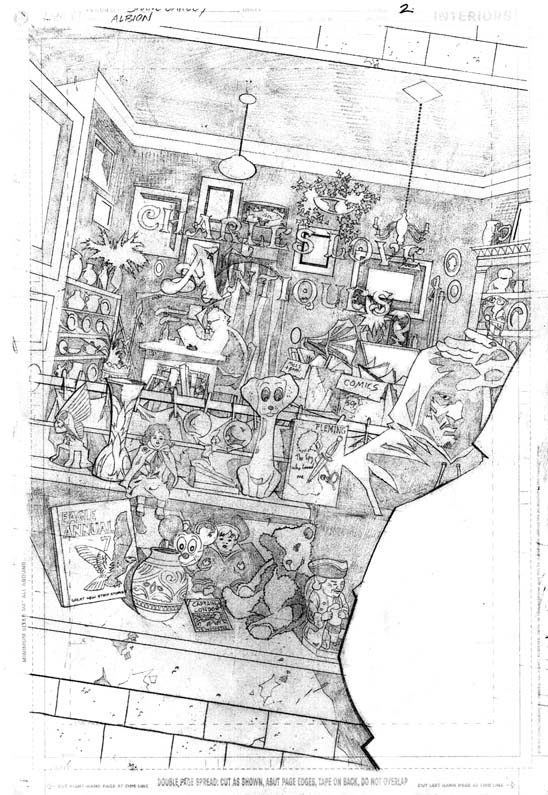 Pencils unedited/uncensored splash page from Albion #1. Eagle Annual became “Legal Annual”