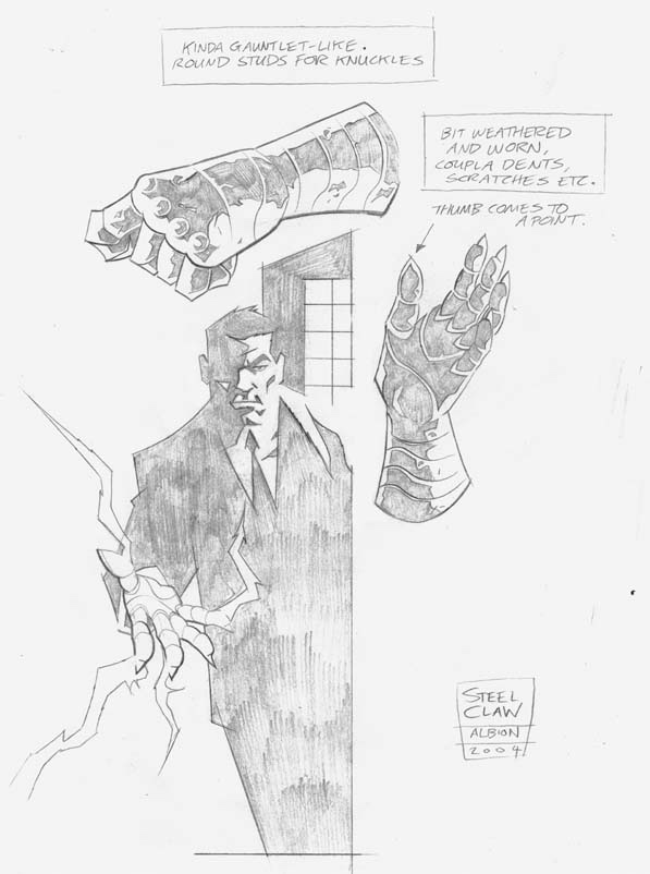 Shane Oakley character design for Albion, via his blog: The Steel Claw, who had an ash-blond crew cut originally, but it was decided it was too similar to his cellmate pal, Tim Kelly