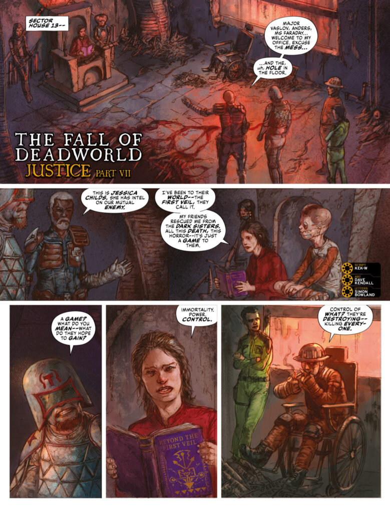 2000AD Prog 2493 - THE FALL OF DEADWORLD // JUSTICE, Part Seven
Script: Kek-W / Art: Dave Kendall / Letters: Simon Bowland