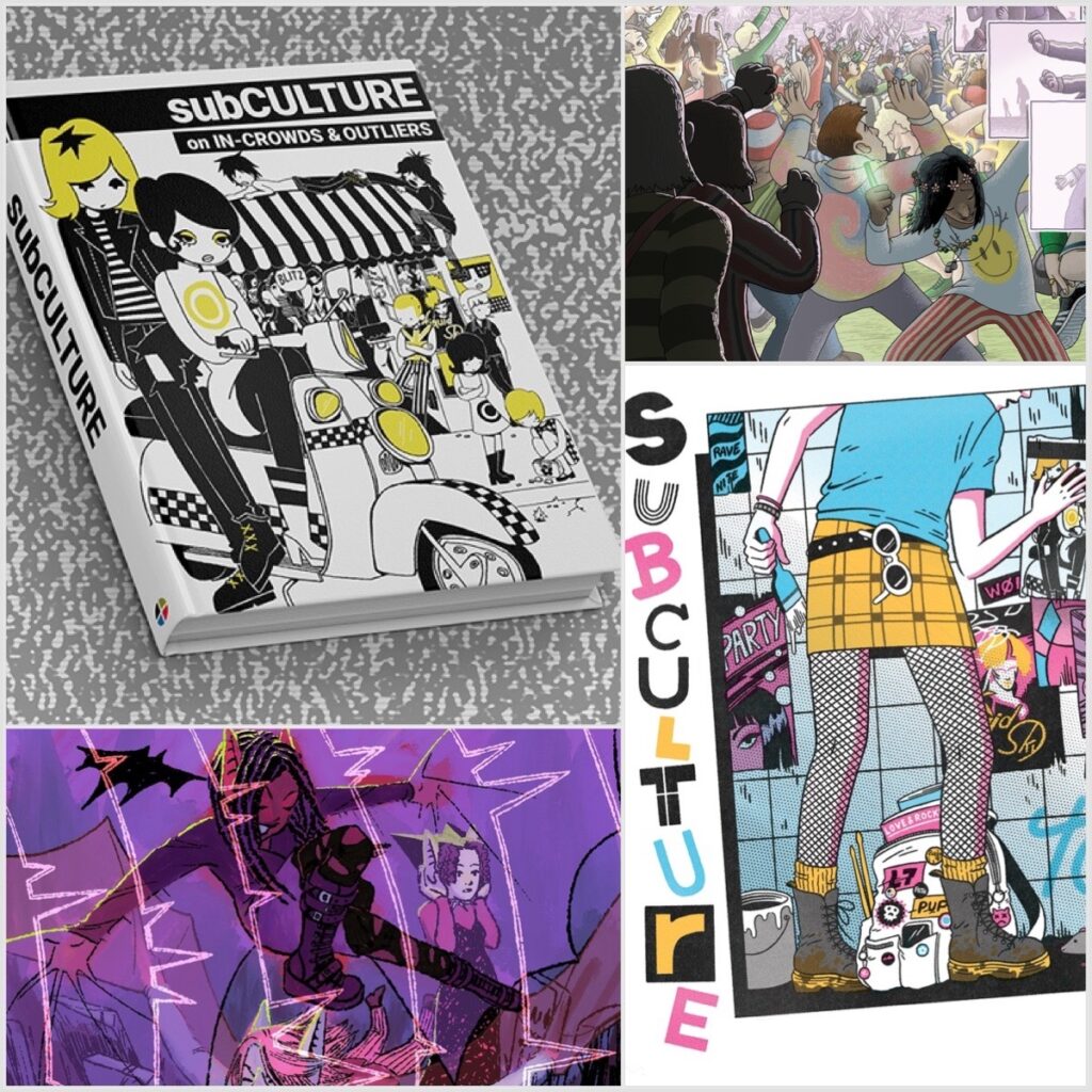 subCULTURE: On In-Crowds & Outliers features cover art by Lid Thom and art by the likes of extraordinary talents such as Mark Mosedale and Imogen Mangle. The Kickstarter also offers a 8" x 10" Riso art print by Jenn Woodall