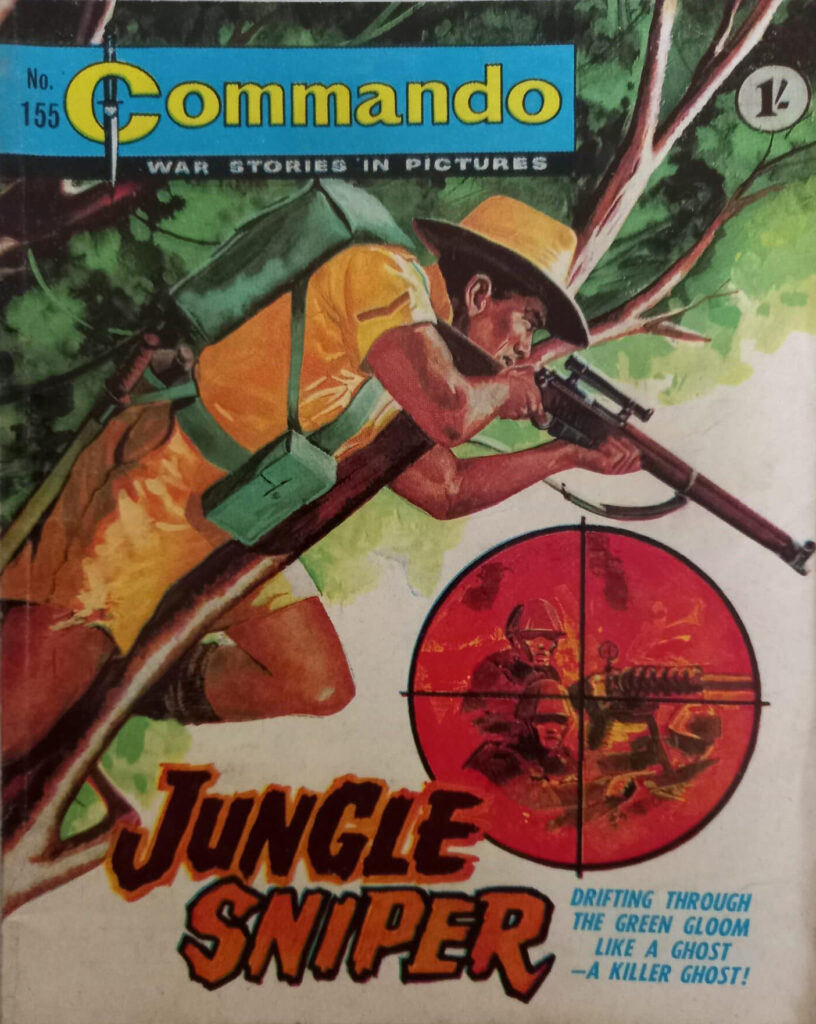 Commando 155: Jungle Sniper, published in 1965, written by Sydney J. Bounds, cover by Ken Barr, internal art by Agustin Navarro