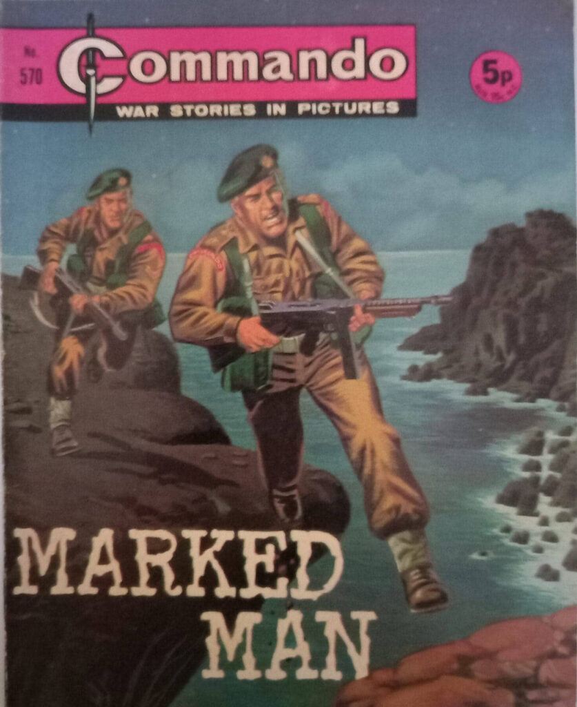 Commando 570: Marked Man, published in 1971, written by Sydney J. Bounds, cover by Gonzalez, internal art by Galindo