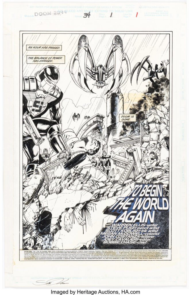 Steve Pugh and Scott Koblish Doom 2099 #34 Story Page 1 Original Art (Marvel, 1995)
The search for Doom begins in this issue as SHIELD sifts through the wreckage of the White House. Drawn in ink over graphite on Bristol board with an image area of 10" x 15". Signed by Koblish in bottom margin