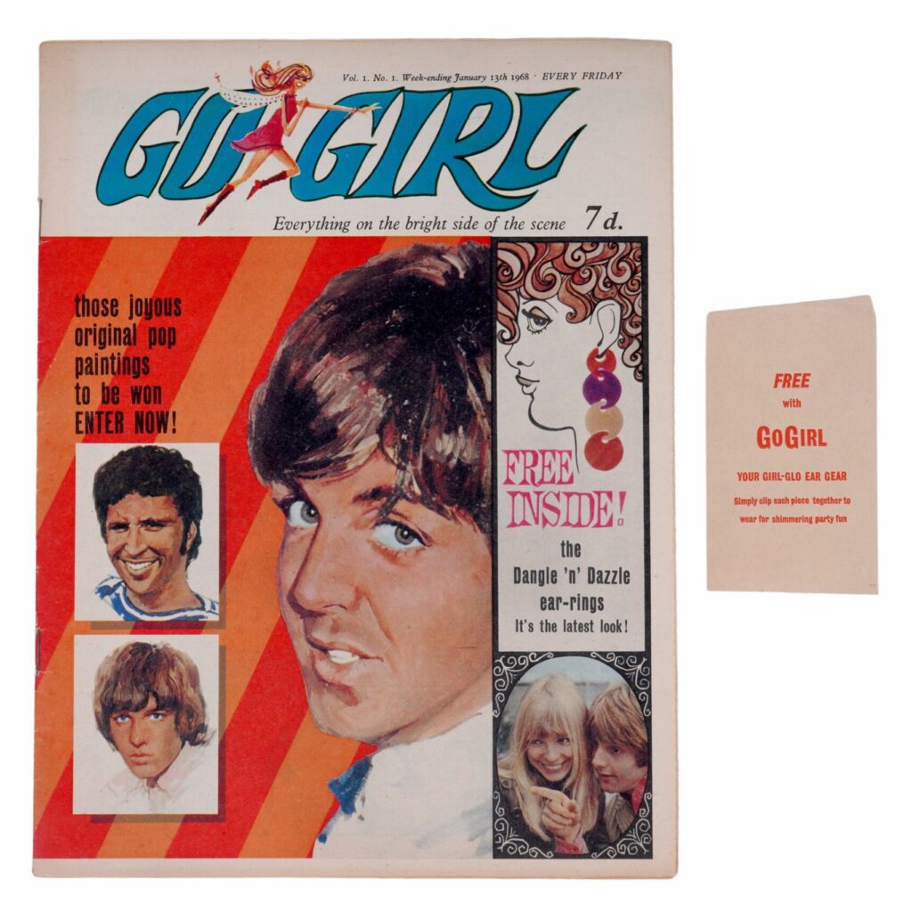 Go Girl No. 1, with gift Go Girl Weekly Magazine Volume 1 No. 1, January 13th, 1968, with “girl-glow ear gear” giveaway in original paper packet.