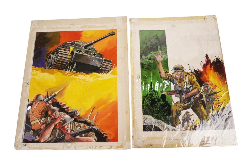 Original painted artwork for Fleetway’s War Picture Library No. 583; and another Original painted artwork for the front cover of Fleetway’s War Picture Library No. 583 ‘Thick and Thieves’ alternative title ‘Spoils of War’ by artist Alessandro Biffigandi, also published as: Battle Picture Library No. 90; gouache on board, 45 x 31cms, unframed; together with Fleetway’s War Picture Library No. 724 ‘Fight to Survive’, also published as: Battle Picture Library No. 194; gouache on board, 46 x 36cms, unframed. (2)