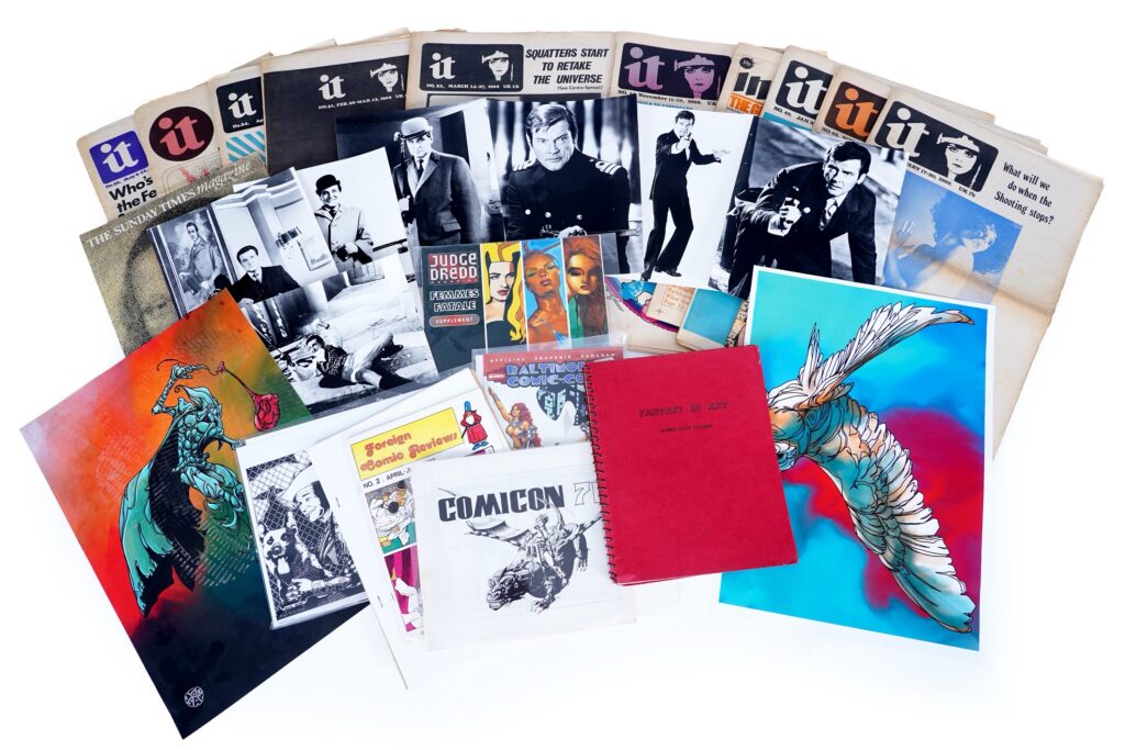 Fanzines and general comic memorabilia including art by Mal Earl, an official souvenir programme from the 6th Baltimore Comic-Con 2005, signed by Frank Cho; Foreign Comic Reviews Magazine No. 2, 1973; souvenir programmes from the 3rd British Comicon, Sheffield 1970 and 71; publicity photographs from the TV series The Avengers; publicity photographs of Roger Moore as James Bond; and other comics and movie ephemera.