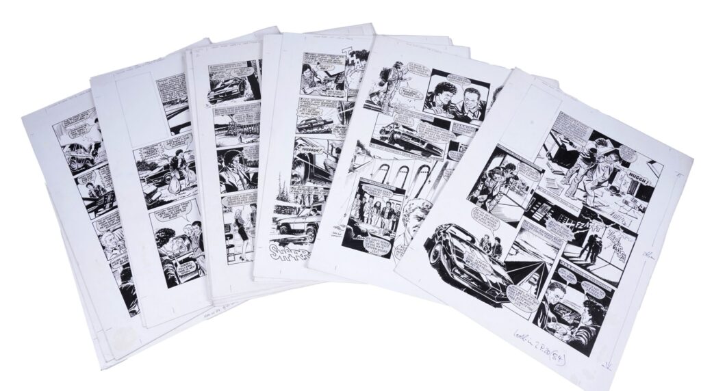 Artwork for Look-in’s Knight Rider Twenty original artboards for Look-in’s Knight Rider by artist Barrie Mitchell, various issues from no’s. 2-21, 1984, Indian ink on thin card, average size 51 x 38cms unframed.