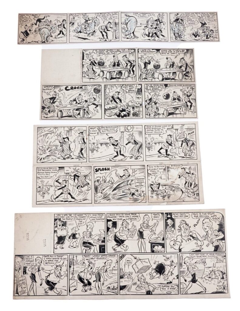 Comics artwork by Harry and George Parlett Original comics artwork for Queenie & Her Courtiers, published in Tip Top Comic, by artist Harry Parlett; together with a strip Freda and Fay from Comic Cuts, attributed to George Parlett, Indian ink on thin card.