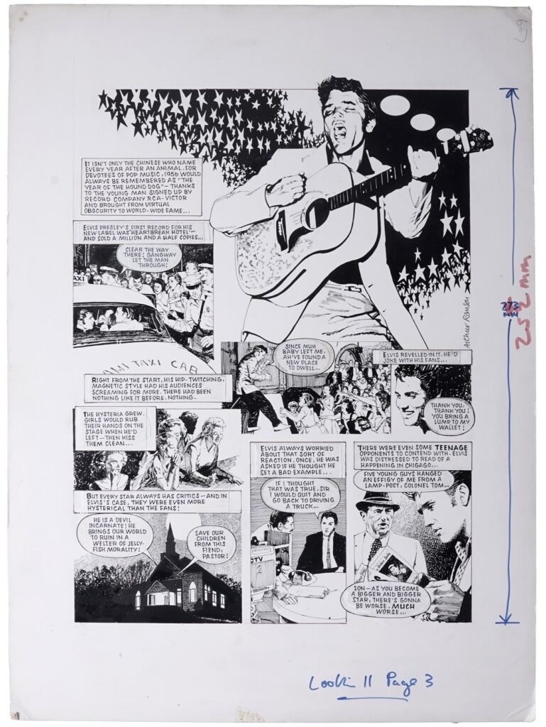 Original artwork “Elvis Presley” by Arthur Ranson
Original artwork for a page from Look-In children’s magazine featuring a biography of Elvis Presley drawn by artist Arthur Ranson, ink on board, 58 x 40.5cms unframed.