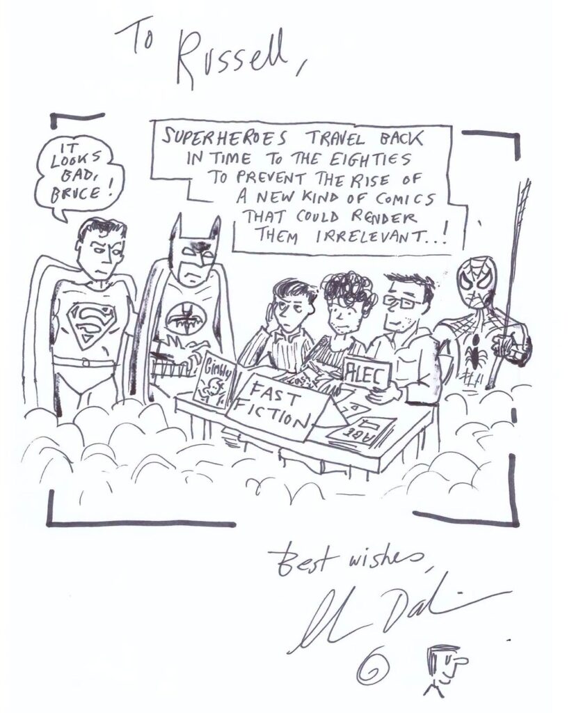 Glenn Dakin cartoon poking fun at superheroes, celebrating the aspirations of creators involved in Fast Fiction back in the 1980s. Cartoon via Paul Gravett