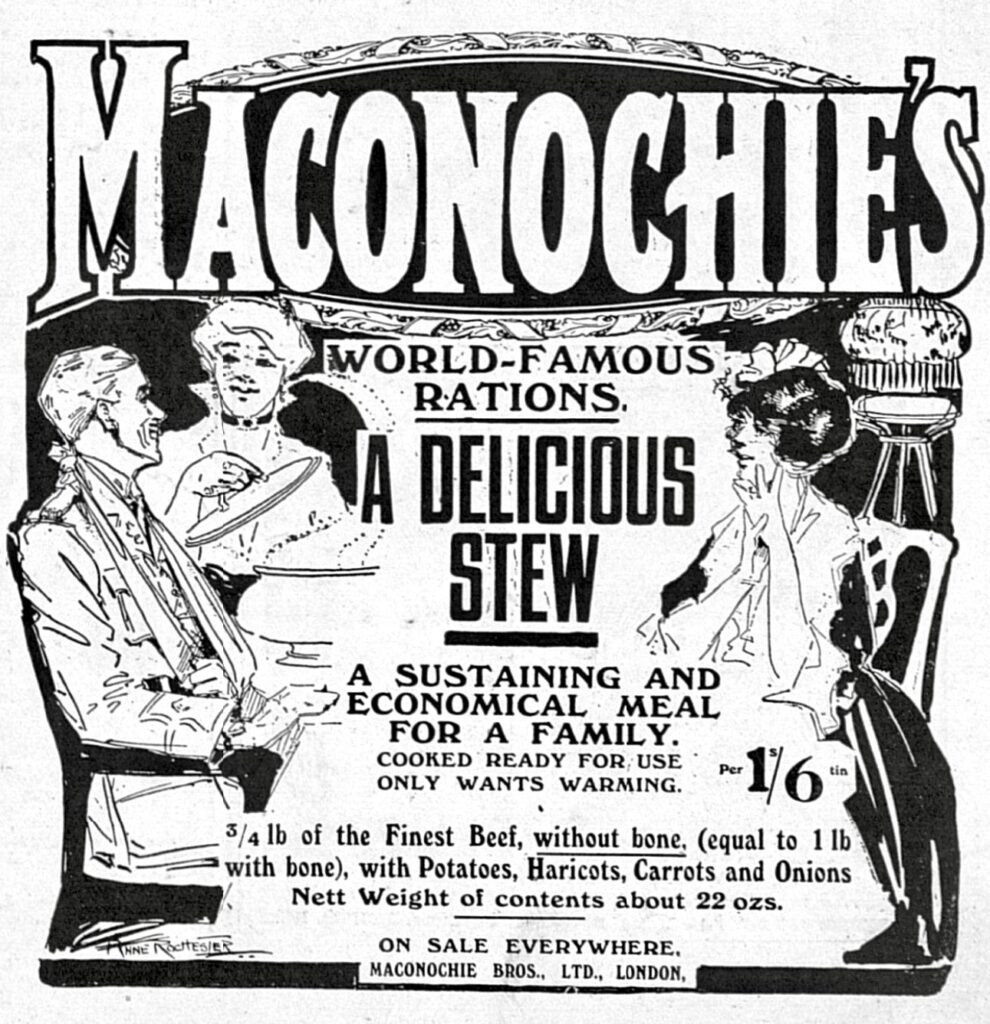 An advertisement in The Bystander of January 26th 1916, for Maconochie rations, art by Anne Rochester