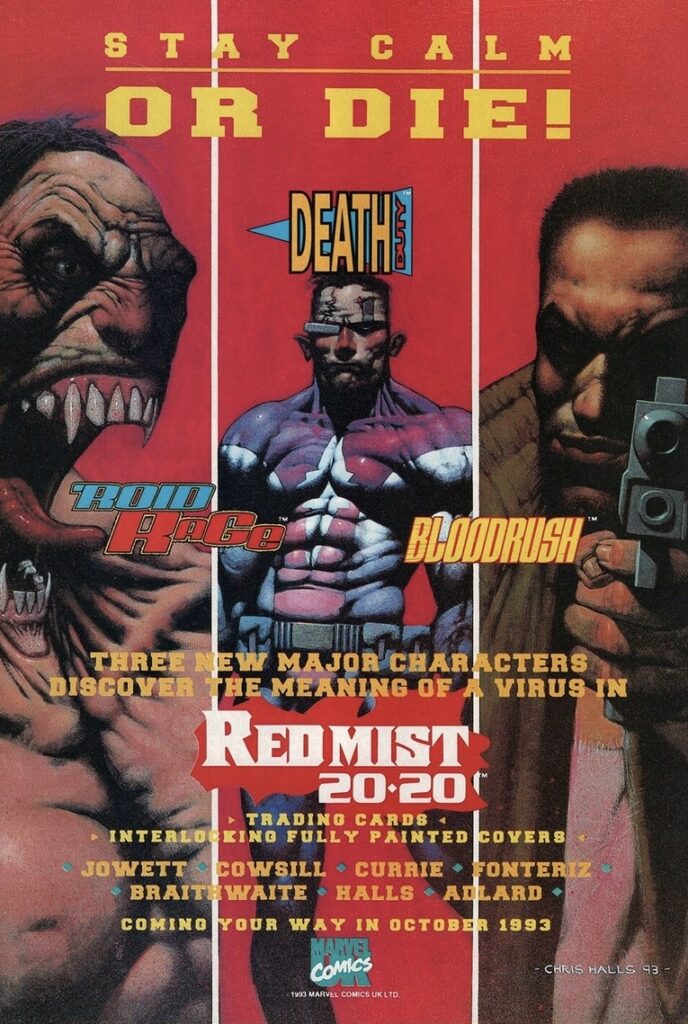 1993 Marvel UK comic press advertisement for Red Mist, art by Chris Halls