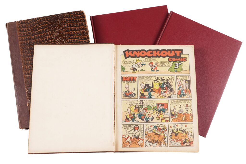 Knockout Comic, early bound issues Knockout Comic No’s. 54, 55, 56 (1940), 99 and 112 (1941), and 251 (Christmas issue December 1943), in two cloth volumes; together with Knockout Comic No’s. 484-568, June 5th, 1948, to January 14th, 1950, in two bound volumes. (4)