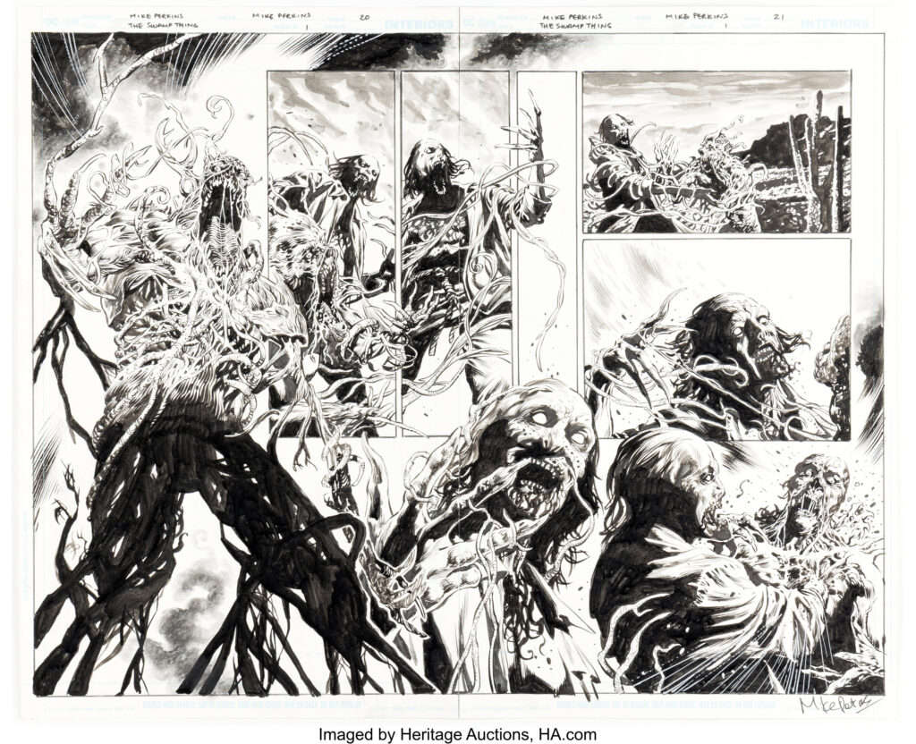 Mike Perkins The Swamp Thing #1 Pale Wanderer First Appearance Issue Double Page Spread 20-21 Original Art (DC, 2021)
Levi Kamei gives in once more to the eldritch green while lying on Jennifer Reece's couch, and the vision waiting for him is anything but restful. The encounter draws him into confrontation with the Pale Wanderer, a ravenous desert ghoul tied to a string of grisly Sonoran murders. On this page from "Becoming, Part 1," Mike turns the dream state into nightmare terrain, setting Levi's organic Green transformation against blank eyes, rotting flesh, vine-like tentacles, and the bleak desert world of the Wanderer. Ink, wash, and white paint highlights over graphite