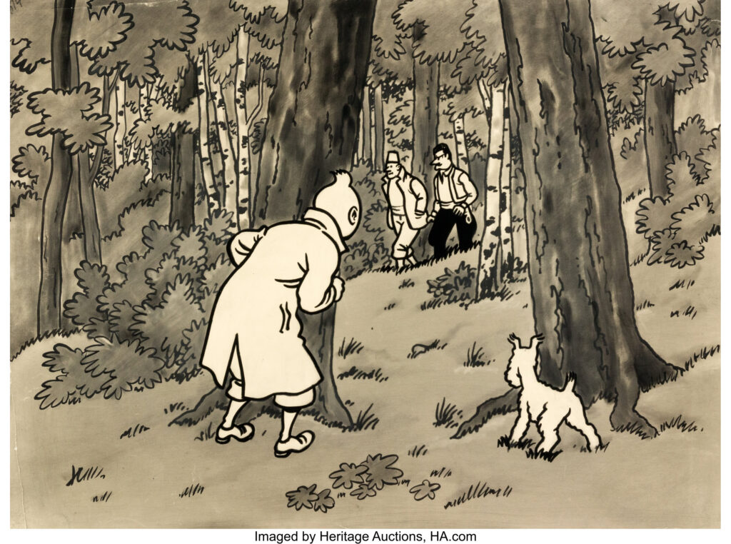 Hergé Studio The Adventures of Tintin: King Ottokar's Sceptre Original Art (B.R.T., 1953)
Tintin and Snowy are scoping things out from a safe distance in this forest scene from King Ottokar's Sceptre - which would become the first of Tintin's tales to be adapted for the animated series Hergé's Adventures of Tintin. Ink and charcoal over pencil with an image area of 15.75" x 11.75". Various folds on the edges. Includes a photocopy of the signed C.B.E.B.D. certificate by Bob de Moor and Michel Deligne.