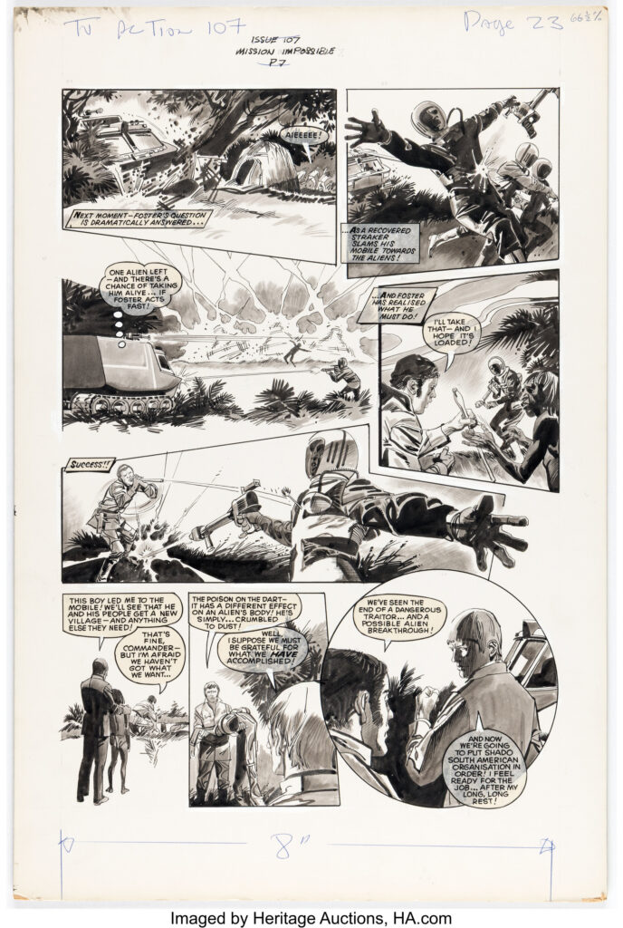 "UFO" page by John M. Burns for TV Action No. 107 (Polystyle Publications, 1973)
As downthetubes readers know, UFO was Gerry and Sylvia Anderson's first live-action science-fiction series, centred on S.H.A.D.O., a covert military force fighting alien incursions from hidden bases on Earth. This page sends Commander Straker and Foster into the field as a S.H.A.D.O. Mobile crashes the alien position, a dart drops the final attacker, and a South American operation moves one step closer.
Rendered in ink and grey wash over graphite on illustration board with an image area of 12.25" x 17.25"