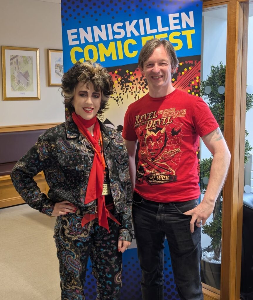 Local legend and ComicFest regular Kevin McHugh welcomes first time ComicFest Guest Abigail Harding to Enniskillen. Photo: Enniskillen Comic Fest