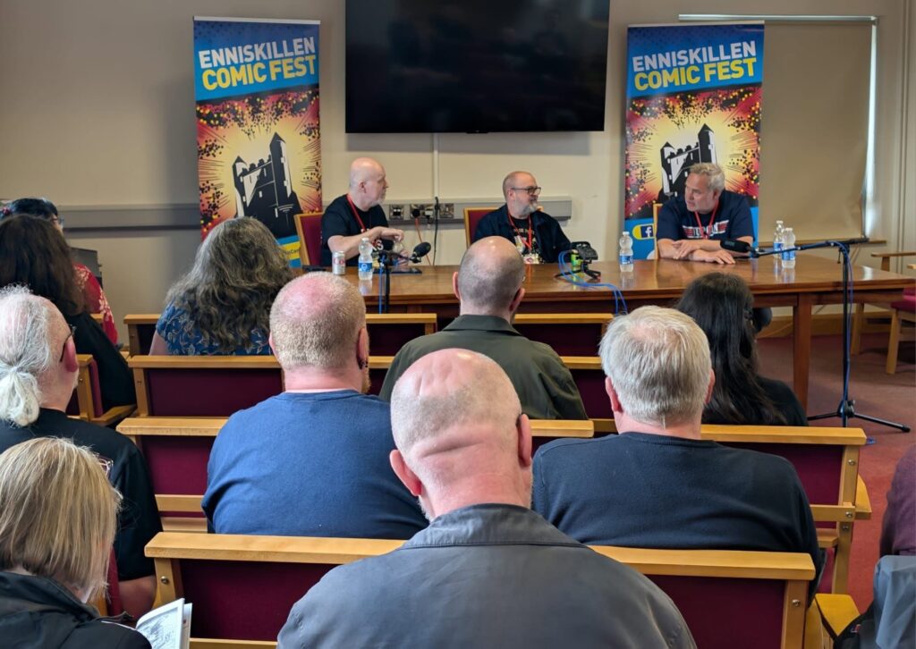 Enniskillen Comic Fest 2026: Enniskillen’s panels were once again moderated by Michael Carroll, who does a really fabulous job. Here, he's putting the tough questions to Michael Lark and Jimmy Broxton. Photo: Enniskillen Comic Fest