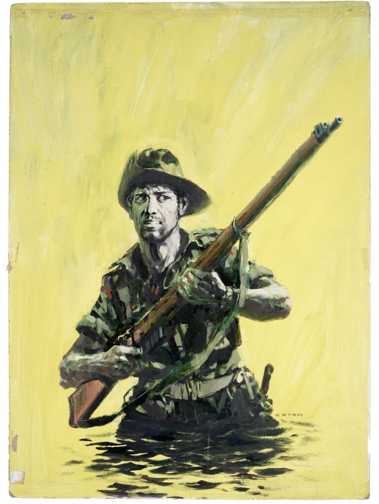 Original cover artwork for Battle Picture Library No. 1487 "Yellow Peril" by Graham Coton Original front cover artwork for Fleetway's digest comic Battle Picture Library No. 1487 ‘Yellow Peril’, by artist Graham Coton, 1981, later re-published as War Picture Library Second Series No. 191 in 1988; signed by the artist, acrylic on hardboard, 60.5 x 43cms, unframed.