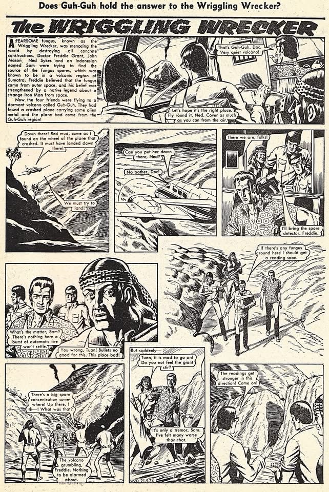 A page from an episode of “The Wriggling Wrecker”, a strip drawn by Dave Gibbons for DC Thomson, which appeared in Wizard during 1974. With thanks to Philip Rushton