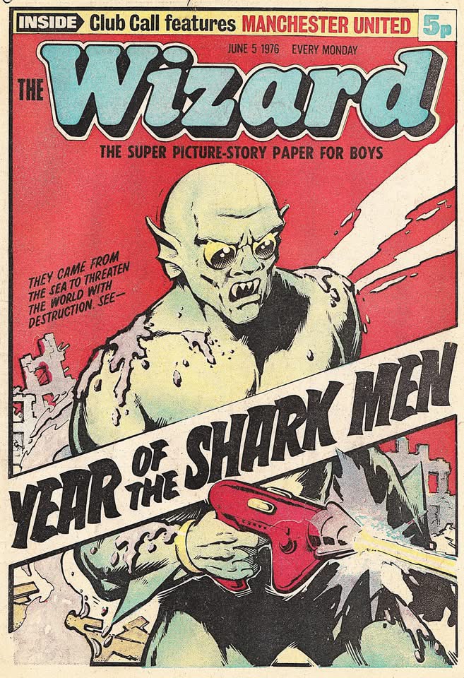 An episode of “Year Of The Shark Men” from 1976 - one of Dave Gibbons' early Wizard strips for DC Thomson, along with that issue's cover by Jeff Bevan. With thanks to Philip Rushton