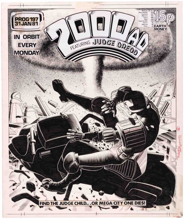 Brian Bolland 2000 AD #197 Judge Dredd Cover Original Art (Fleetway, 1981). Judge Dredd survives another bad day in Mega-City One on this dynamic Brian Bolland cover. An atomic detonation rips through the city, sending Dredd tumbling from his Lawmaster as concrete, steel, and shattered buildings erupt around him. Bolland keeps every element crisp, from the Judge's uniform to the heavy machinery beneath him. The original "Find The Judge Child...Or Mega City One Dies!" subtitle stat remains attached, though the final published cover carried different text. A strong first-generation Dredd cover by one of the artists who shaped the character's classic look. Drafted in ink over graphite on Bristol board with an image area 12.25" x 15.5". Signed by Bolland in the right margin. Light toning with stat logo, price, and text. Some faded inks and light handling wear. In Excellent condition.