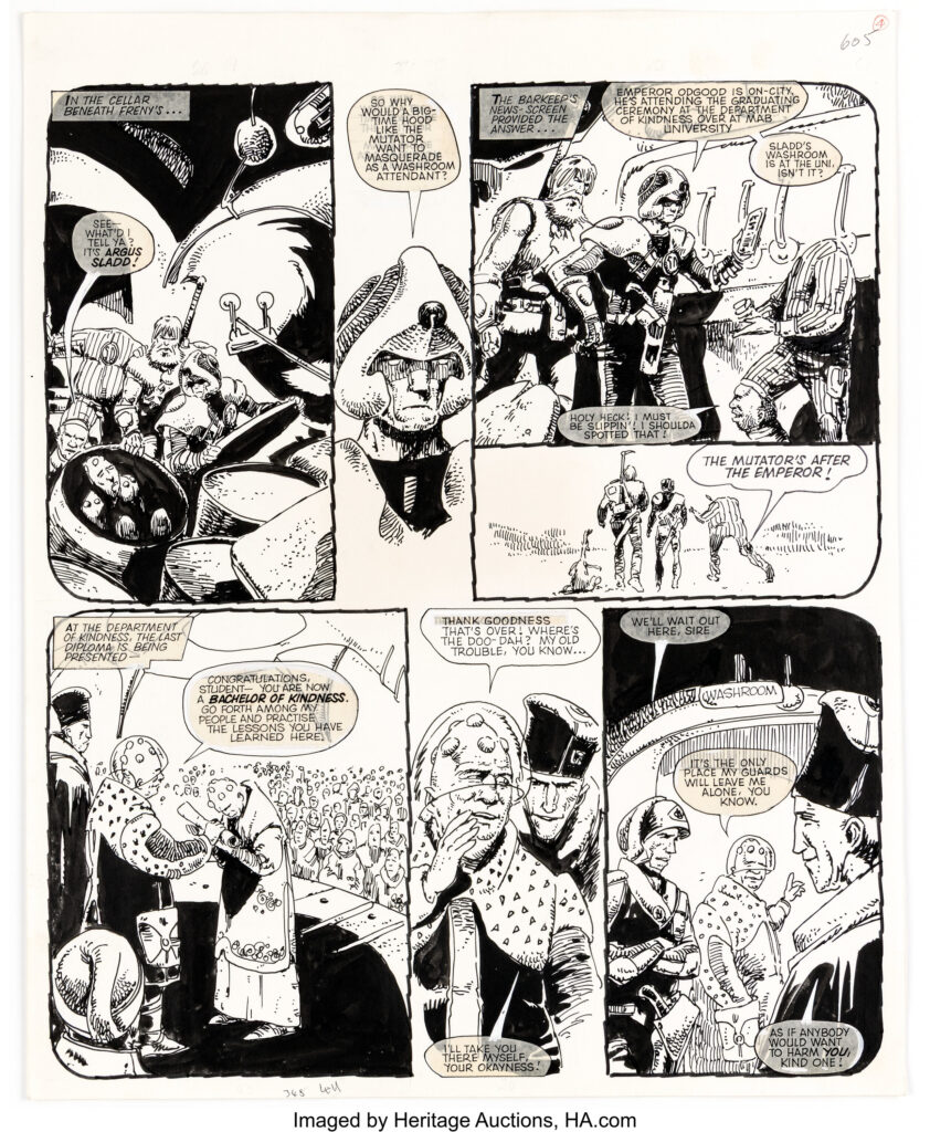 Carlos Ezquerra 2000 AD Prog #229 Strontium Dog Story Page 4 Original Art (Fleetway, 1981). A Strontium Dog investigation reaches its strangest clue yet. Sladd's alien remains reveal the truth, a news report names Emperor Odgood as the target, and Johnny Alpha realizes the assassin has secured the perfect place to strike. Co-creator Carlos Ezquerra stages the revelation with crisp suspense in this scene from "The Kid-Knee Caper, Part 2". Ink over graphite on Bristol board with an image area of 13.5" x 16". Light toning, whiteout touch-ups, and \hand-lettered text on vellum paste-ups. In Excellent condition.