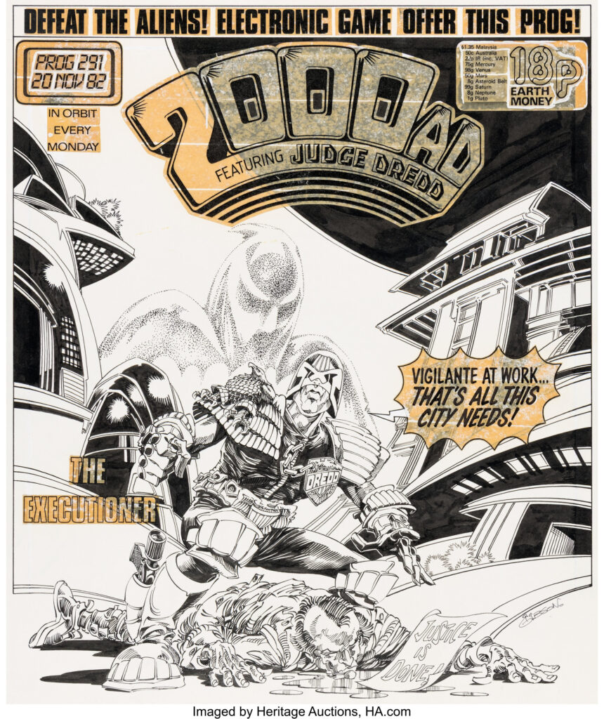 Ian Gibson 2000 AD Prog #291 Cover Original Art (Fleetway, 1982). Dredd arrives after The Executioner has completed her work. He studies the body and the message left beside it while Blanche Tatum hangs above the scene as a pale, unseen presence. The former Judge now carries out private death sentences. Gibson, part of the first generation of Judge Dredd artists, turns the premise into a clean, hard-edged crime image. Created in ink over graphite on Bristol board with an image area of 13.5" x 16.25". Signed by Gibson in the image area. Stat Logo, header, and trade dressing with discoloration. The board is lightly toned. minor spot stains, staple in the top-left corner, whiteout touch-ups, and light handling wear. In Very Good condition.
