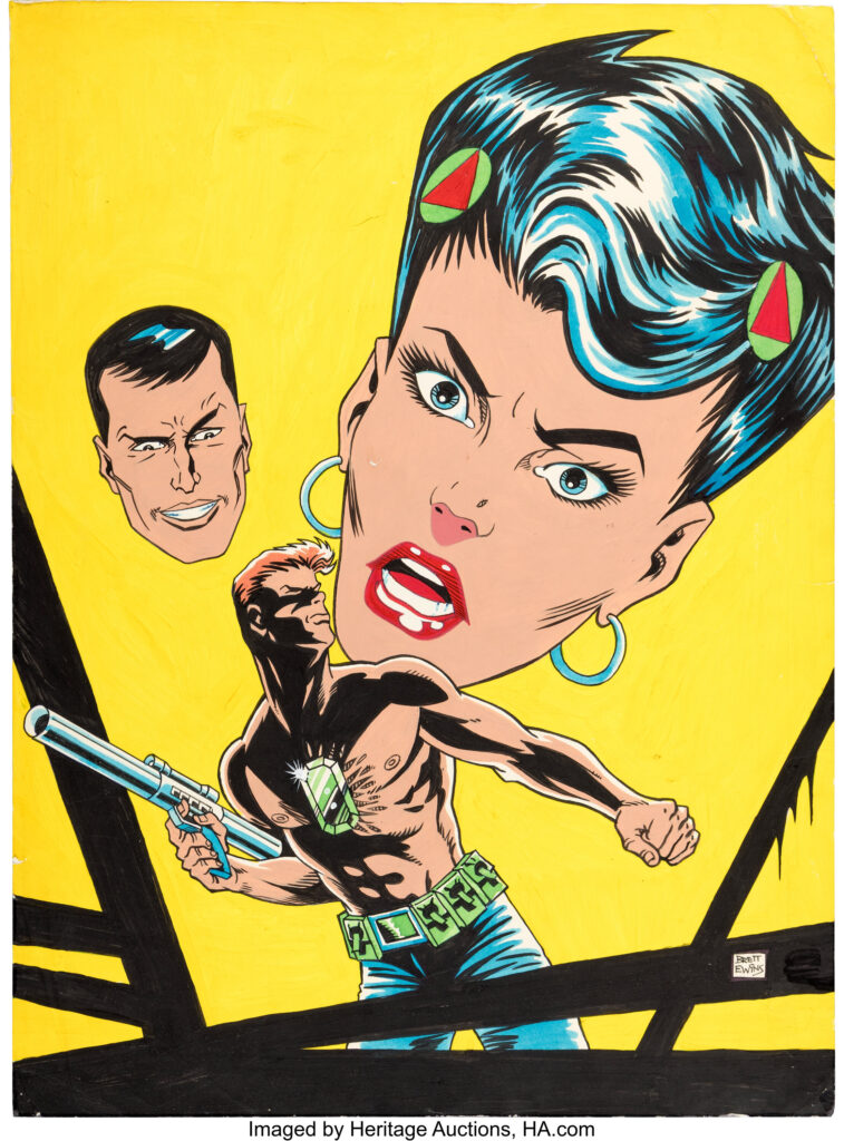 Brett Ewins 2000 AD Prog #831 Back Cover Painting Original Art (Fleetway Publications, 1993). This cover image features the main character of the series "Kelly's Eye", Tim Kelly! Created edge-to-edge in vibrant acrylic on 14" x 18.75" Bristol board. There are corner creases, and a small rip on both left and right sides. Signed in the lower right. In Very Good condition.