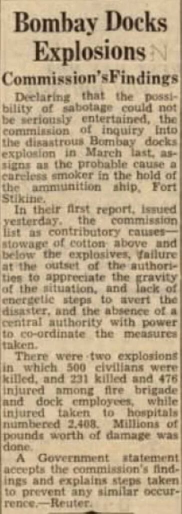 This report into the Bombay disaster featured in the Birmingham Gazette on 12th September 1944, identifying the cause