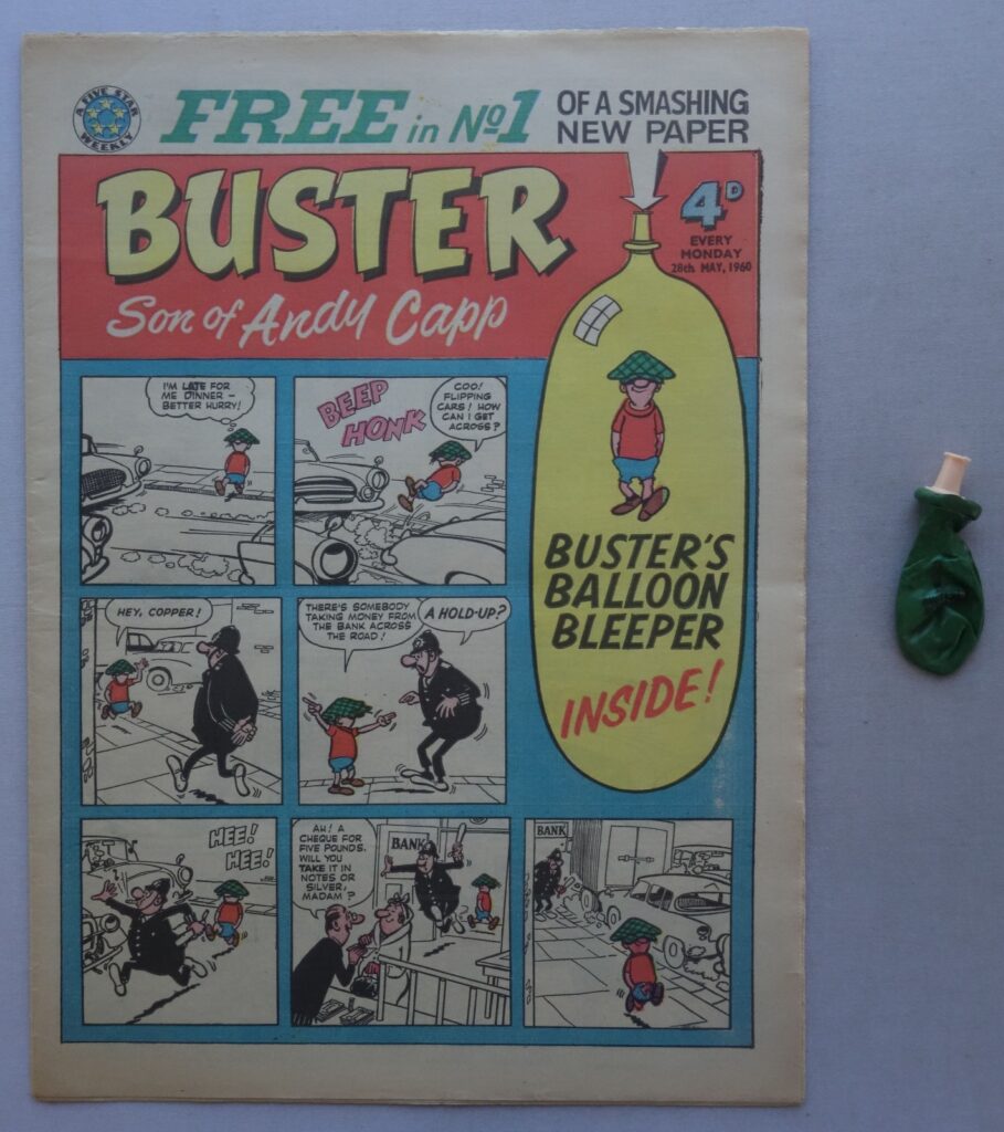 Buster No. 1 cover dated 28th May 1960 with Free Gift Balloon in rare, very good condition, bright and Supple. Published by Fleetway, this is a really hard to find free gift and Phil-Comics have only sold two in the past, in 2017 and 2025. Coincidentally both sold for £588 but both included the original free gift packet.