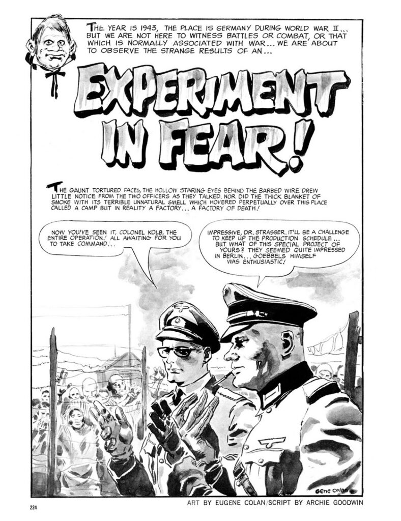 The opening page from from the horror comic story "Experiment in Fear!", written by Archie Goodwin and illustrated by legendary artist Gene Colan, originally published in Warren Publishing's Eerie #9 in May 1967