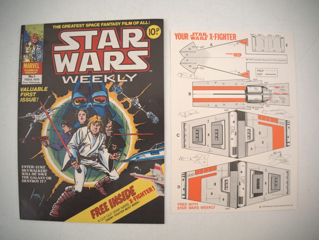 STAR WARS WEEKLY #1 - (1978 - MARVEL UK) - Dated February 8th - FREE GIFT INCLUDED - Part 1 of the official comics adaptation of the original Star Wars movie + Includes free X-WING FIGHTER gift which is as issued, un-punched & unmade - Howard Chaykin cover and interior art