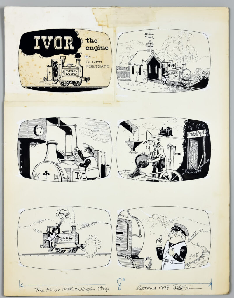 Canterbury Auction Galleries Lot Description 2026: Peter Firmin (1928-2018) & Oliver Postgate (1925-2008) - Mixed media - Ivor the Engine - single page monochrome comic layout Ivor the Engine, artist's board, 18ins x 14ins overall with note to lower margin 'The First IVOR the Engine Strip' and 'Restored 1998' with signature Note- Ivor the Engine first appeared in comic strip in the comic 'TV Land' in 1961 after airing on television in 1959 on ITV network. Sold for £940