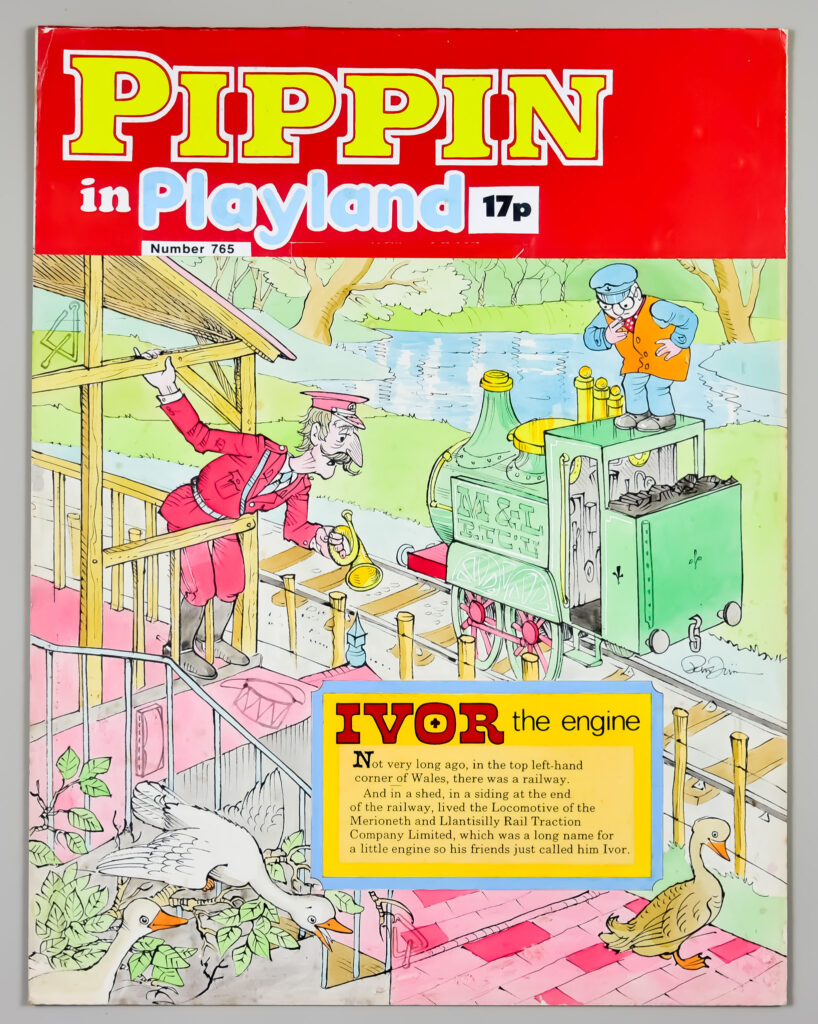 Canterbury Auction Galleries Lot Description 2026: Peter Firmin (1928-2018) & Oliver Postgate (1925-2008)- Mixed media - Ivor the Engine - single page colour comic cover 'Pippin in Playland No.765' including a 'find the hidden object' activity, signed, artist's board, 17.5ins x 13.5ins