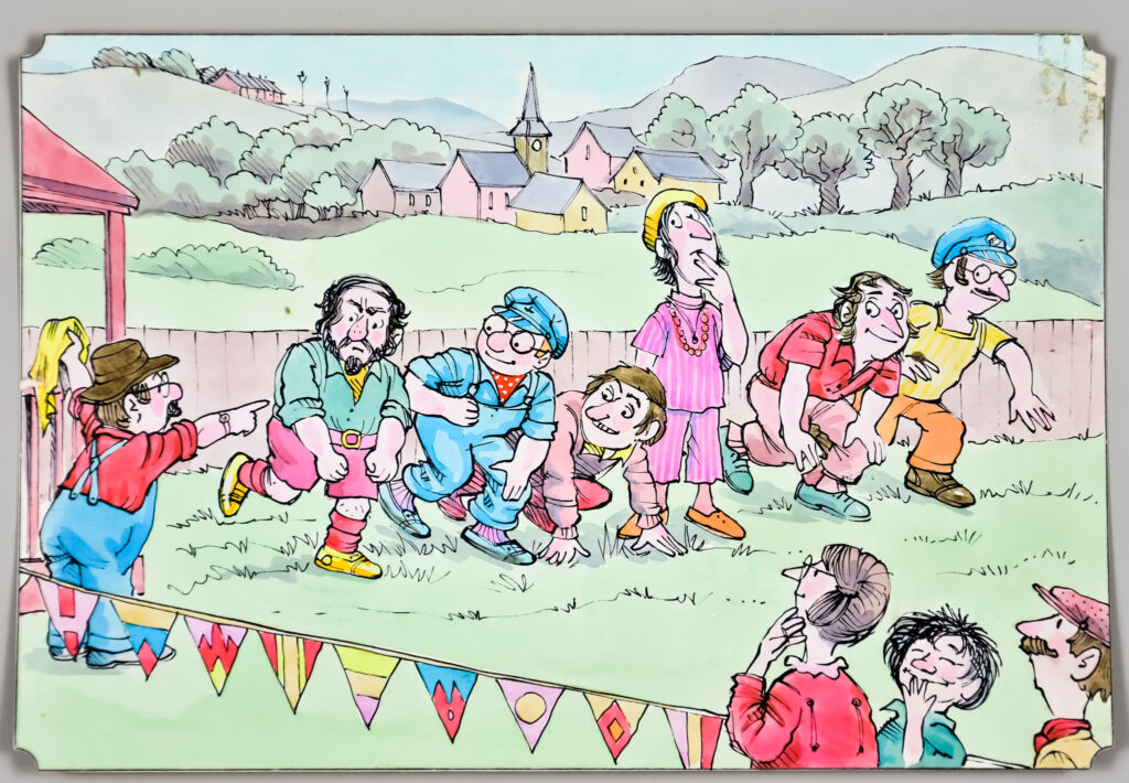 Canterbury Auction Galleries Lot Description 2026: Peter Firmin (1928-2018) & Oliver Postgate (1925-2008) - Mixed media - Ivor the Engine - image of Jones the Steam in the village sports day, 6.75ins x 9.75ins