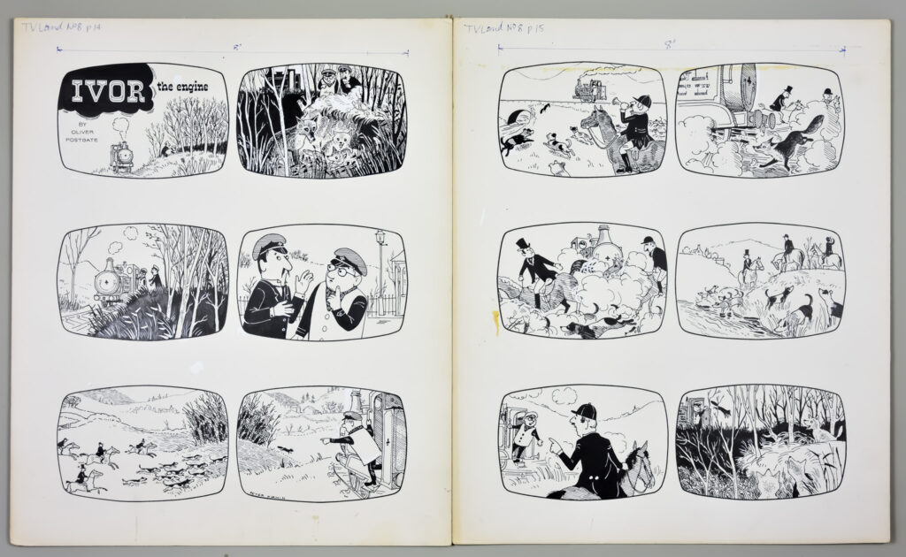 Canterbury Auction Galleries Lot Description 2026: Peter Firmin (1928-2018) & Oliver Postgate (1925-2008) - Mixed media - Ivor the Engine - two page comic layout The Fox Hunt, artist's board, each 18ins x 15ins overall with note to upper margin 'Toyland No.8' and 'P14' to one and 'P15' to the other