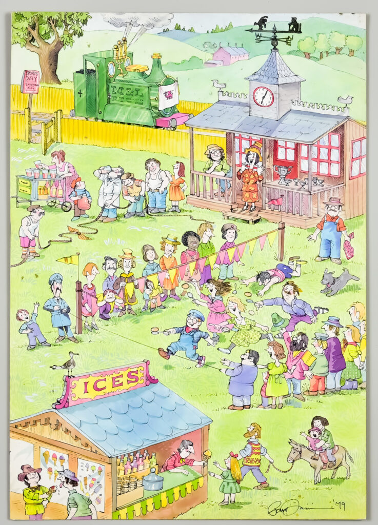 Canterbury Auction Galleries Lot Description 2026: Peter Firmin (1928-2018) & Oliver Postgate (1925-2008) -Mixed media - Ivor the Engine - single comic layout 'The Egg Race at Sports Day', signed and dated '79, artist's board, 16.75ins x 11.75ins