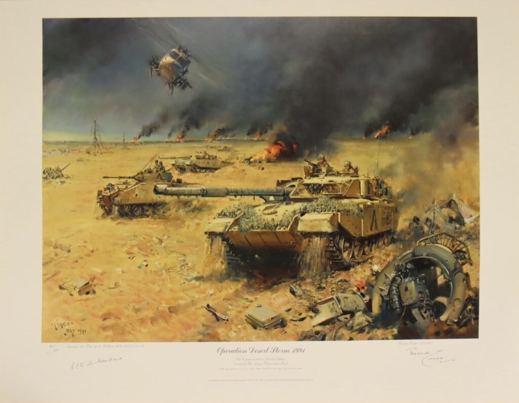 Army Challenger Tank print signed Cuneo. A dramatic print taken from an original July 1991 painting by Terence Cuneo in aid of The Army Benevolent Fund. Signed on the mount by the artist Terence Cuneo and by General Sir Peter de la Billiere, KCB, KBE, DSO, MC and Bar, Commander-in- Chief of the British FOrces in the Gulf War. Issued in a worldwide numbered limited edition of just 850.